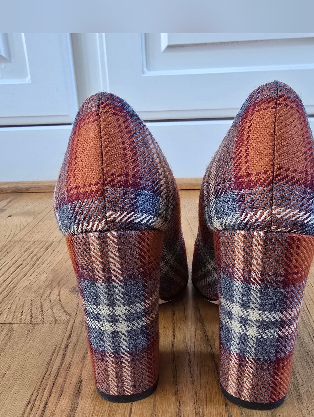 Bettye Muller Orange and Gray Plaid Block Heel Pumps - Picture 4 of 12